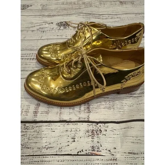 The Office of Angela Scott Mr Leopold gold patent leather Oxford 37.5/7.5 new wi - Picture 6 of 7